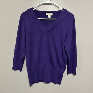 Appleseed's Women's Sweater PL Purple Excellent V-Neck 3/4 Sleeve Preppy NWT